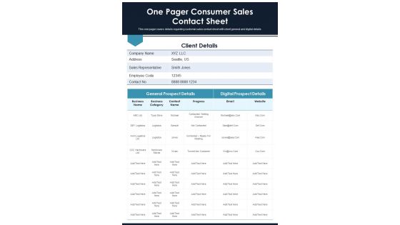 One Pager Consumer Sales Contact Sheet PDF Document PPT Template