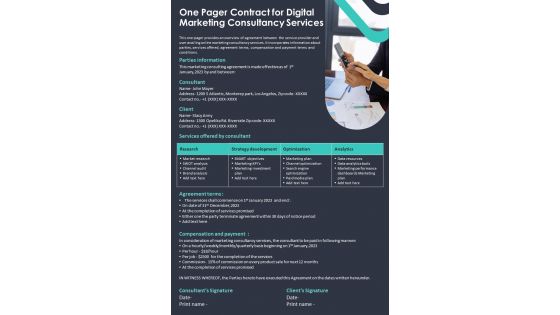 One Pager Contract For Digital Marketing Consultancy Services PDF Document PPT Template