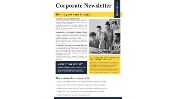 One Pager Corporate Agency Newsletter PDF Document PPT Template