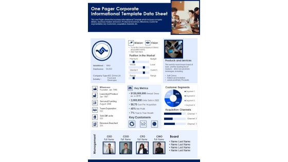 One Pager Corporate Informational Template Data Sheet PDF Document PPT Template