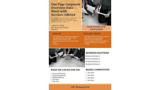One Pager Corporate Overview Data Sheet With Service Offered PDF Document PPT Template