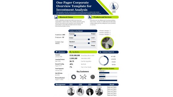 One Pager Corporate Overview Template For Investment Analysis PDF Document PPT Template
