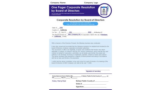 One Pager Corporate Resolution By Board Of Directors PDF Document PPT Template