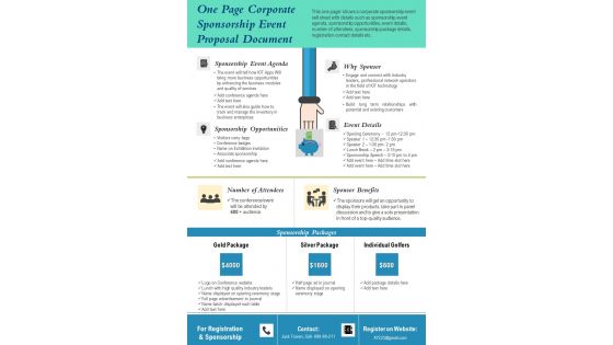 One Pager Corporate Sponsorship Event Sell Sheet PDF Document PPT Template