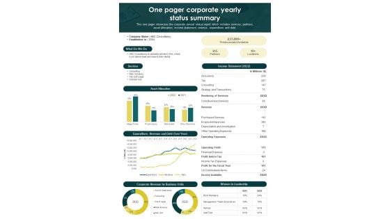 One Pager Corporate Yearly Status Summary PDF Document PPT Template