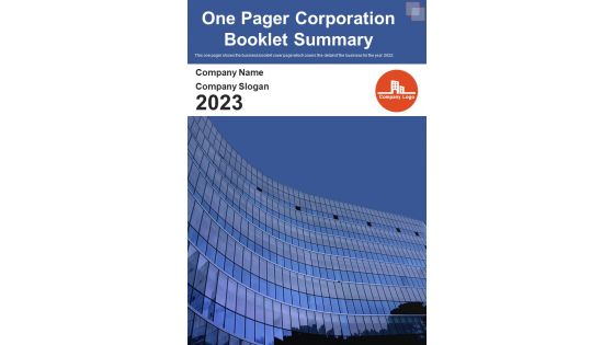 One Pager Corporation Booklet Summary PDF Document PPT Template