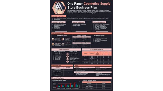 One Pager Cosmetics Supply Store Business Plan PDF Document PPT Template