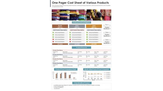 One Pager Cost Sheet Of Various Products PDF Document PPT Template