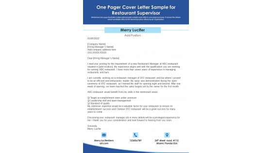 One Pager Cover Letter Sample For Restaurant Supervisor PDF Document PPT Template