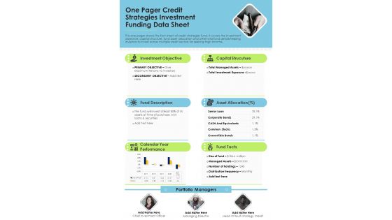 One Pager Credit Strategies Investment Funding Data Sheet PDF Document PPT Template