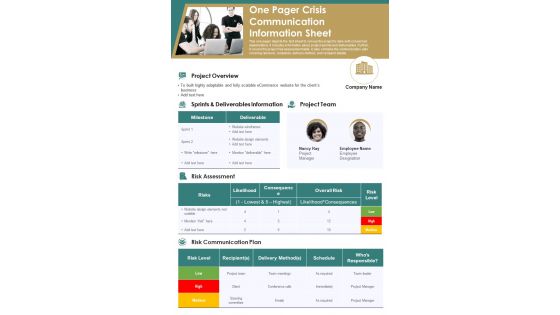 One Pager Crisis Communication Information Sheet PDF Document PPT Template