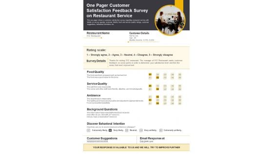 One Pager Customer Satisfaction Feedback Survey On Restaurant Service PDF Document PPT Template