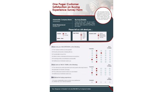 One Pager Customer Satisfaction On Buying Experience Survey Form PDF Document PPT Template