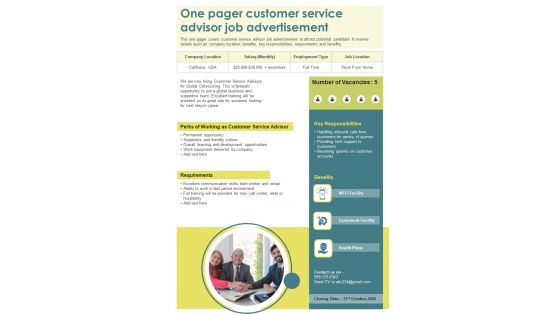 One Pager Customer Service Advisor Job Advertisement PDF Document PPT Template