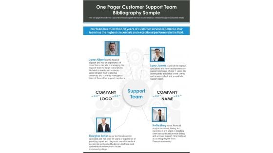 One Pager Customer Support Team Bibliography Sample PDF Document PPT Template