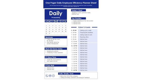 One Pager Daily Employee Efficiency Planner Sheet PDF Document PPT Template