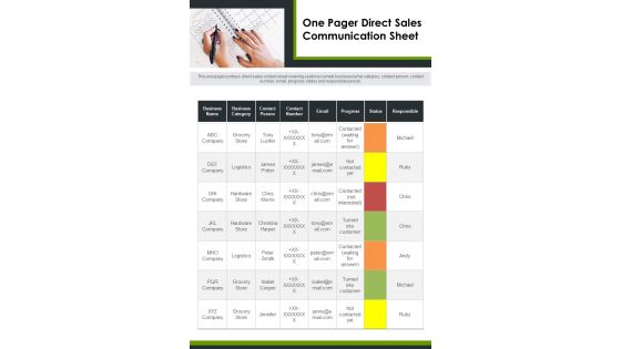 One Pager Direct Sales Communication Sheet PDF Document PPT Template