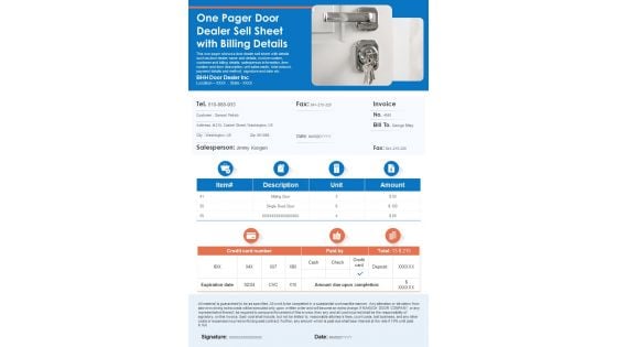 One Pager Door Dealer Sell Sheet With Billing Details PDF Document PPT Template