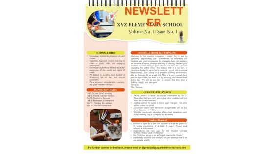 One Pager Elementary School Teaching Newsletter PDF Document PPT Template