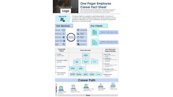 One Pager Employee Career Fact Sheet PDF Document PPT Template