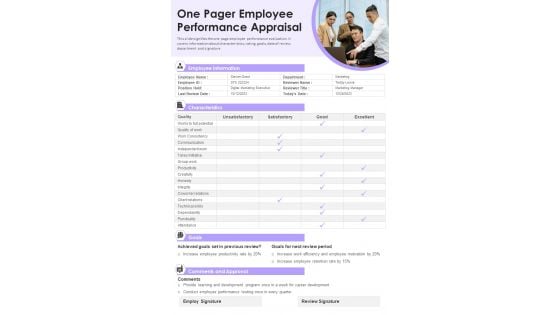 One Pager Employee Performance Appraisal PDF Document PPT Template