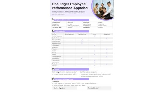 One Pager Employee Performance Appraisal PDF Document PPT Template One Pager Employee Performance Appraisal PDF Document PPT Template