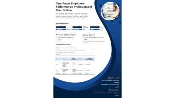 One Pager Employee Performance Improvement Plan Outline PDF Document PPT Template