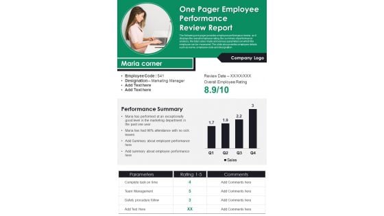 One Pager Employee Performance Review Report PDF Document PPT Template