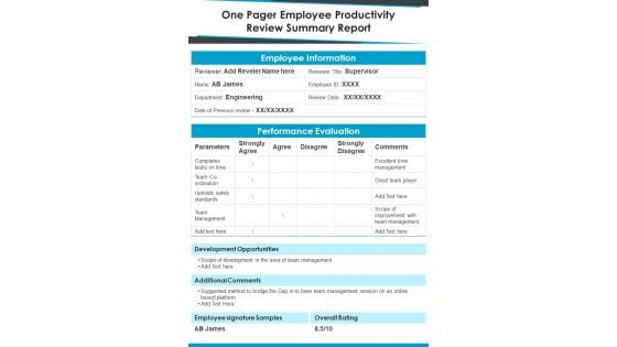 One Pager Employee Productivity Review Summary Report PDF Document PPT Template