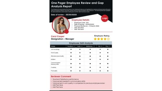 One Pager Employee Review And Gap Analysis Report PDF Document PPT Template