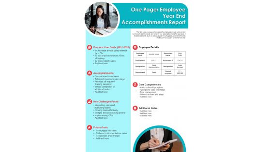 One Pager Employee Year End PDF Document PPT Template