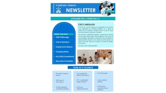 One Pager Enterprise Yearly Updates Newsletter PDF Document PPT Template