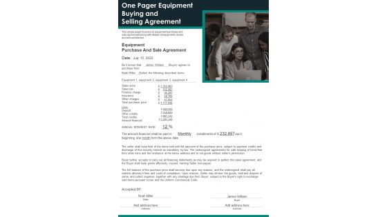 One Pager Equipment Buying And Selling Agreement PDF Document PPT Template