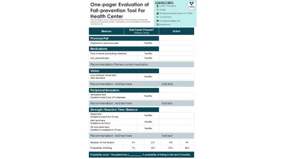 One Pager Evaluation Of Fall Prevention Tool For Health Center PDF Document PPT Template