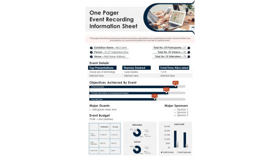 One Pager Event Recording Information Sheet PDF Document PPT Template