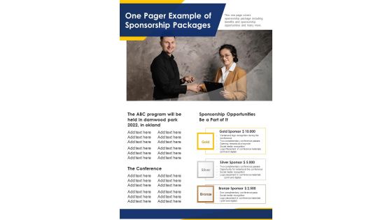 One Pager Example Of Sponsorship Packages PDF Document PPT Template