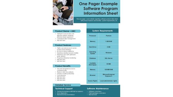 One Pager Example Software Program Information Sheet PDF Document PPT Template