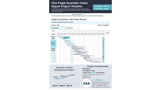 One Pager Example Yearly Report Project Timeline PDF Document PPT Template