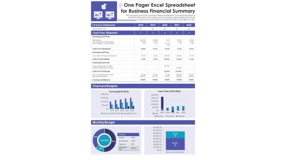 One Pager Excel Spreadsheet For Business Financial Summary PDF Document PPT Template