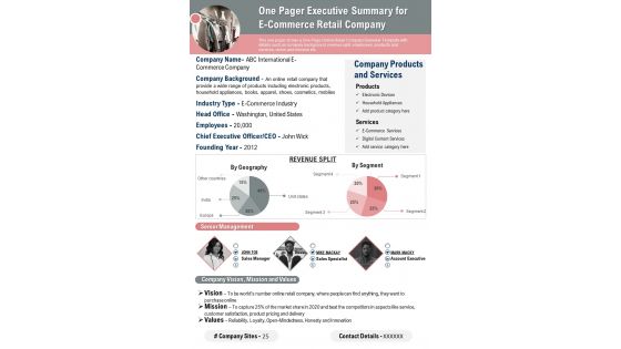 One Pager Executive Summary For E Commerce Retail Company PDF Document PPT Template