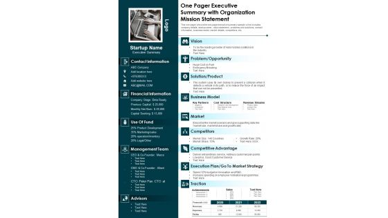 One Pager Executive Summary With Organization Mission Statement PDF Document PPT Template One Pager Executive Summary With Organization Mission Statement PDF Document PPT Template