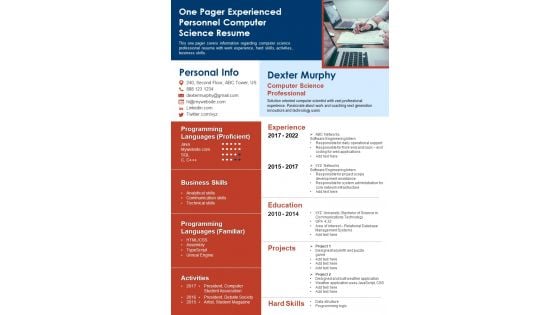 One Pager Experienced Personnel Computer Science Resume PDF Document PPT Template