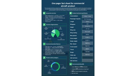 One Pager Fact Sheet For Commercial Aircraft Product PDF Document PPT Template