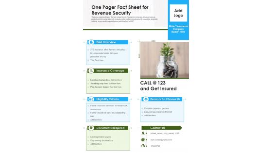 One Pager Fact Sheet For Revenue Security PDF Document PPT Template