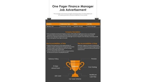 One Pager Finance Manager Job Advertisement PDF Document PPT Template