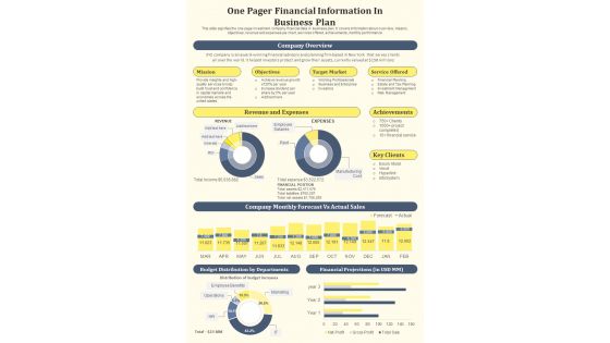 One Pager Financial Information In Business Plan PDF Document PPT Template