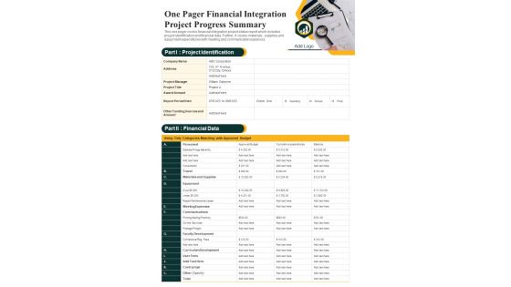 One Pager Financial Integration Project Progress Summary PDF Document PPT Template