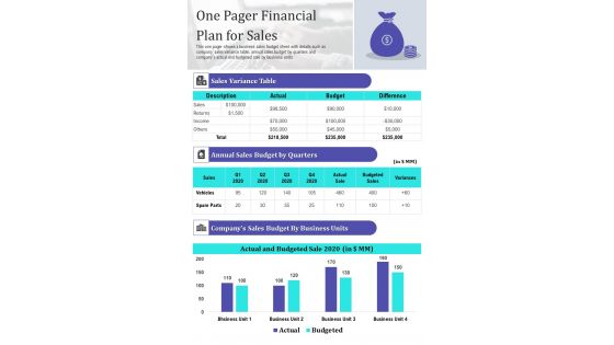 One Pager Financial Plan For Sales PDF Document PPT Template