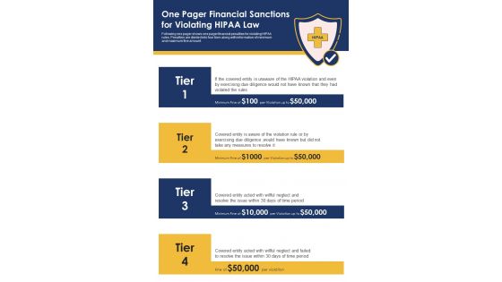 One Pager Financial Sanctions For Violating HIPAA Law PDF Document PPT Template