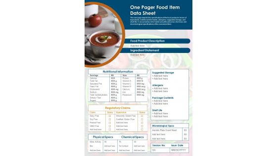 One Pager Food Item Data Sheet PDF Document PPT Template